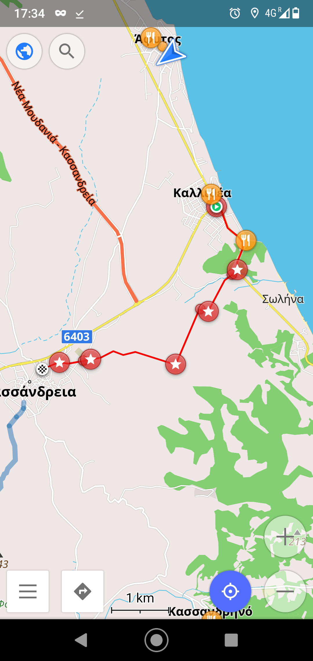 Screenshot of the route displayed in OsmAnd on the phone