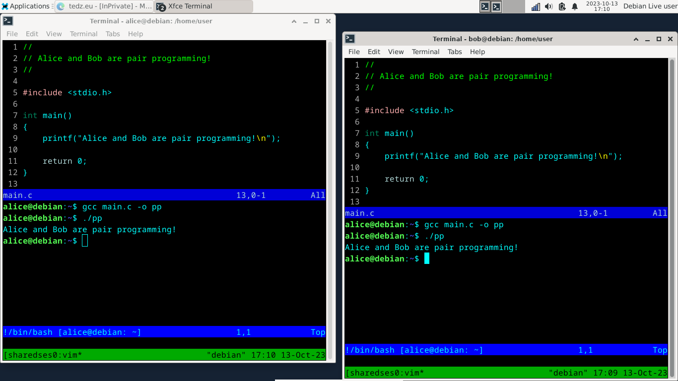 Screenshot of alice's and bob's respective terminals connected to a shared tmux session