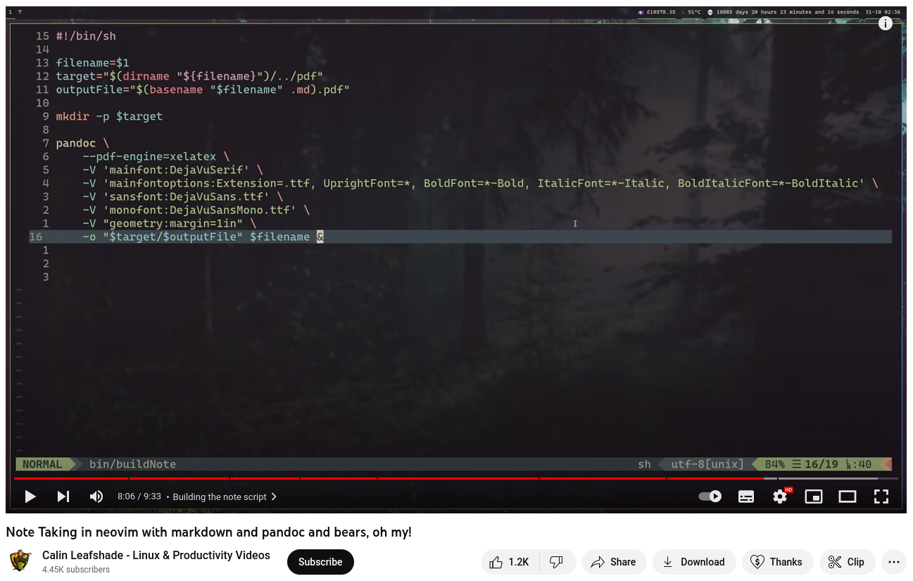 Screenshot of Calin Leafshade's YouTube video on note-taking with Neovim