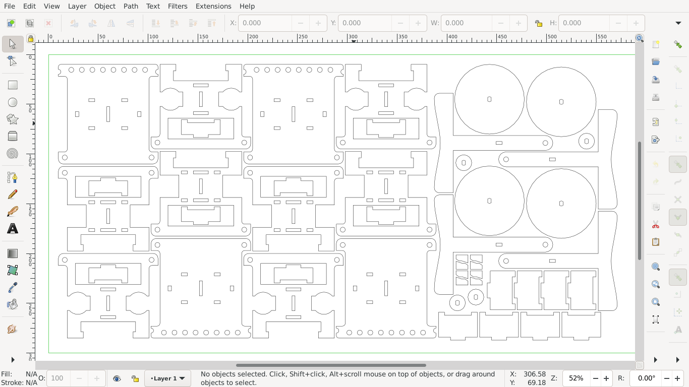 Screenshot of Quad Quest robot laser cutting pattern open in Inkscape
