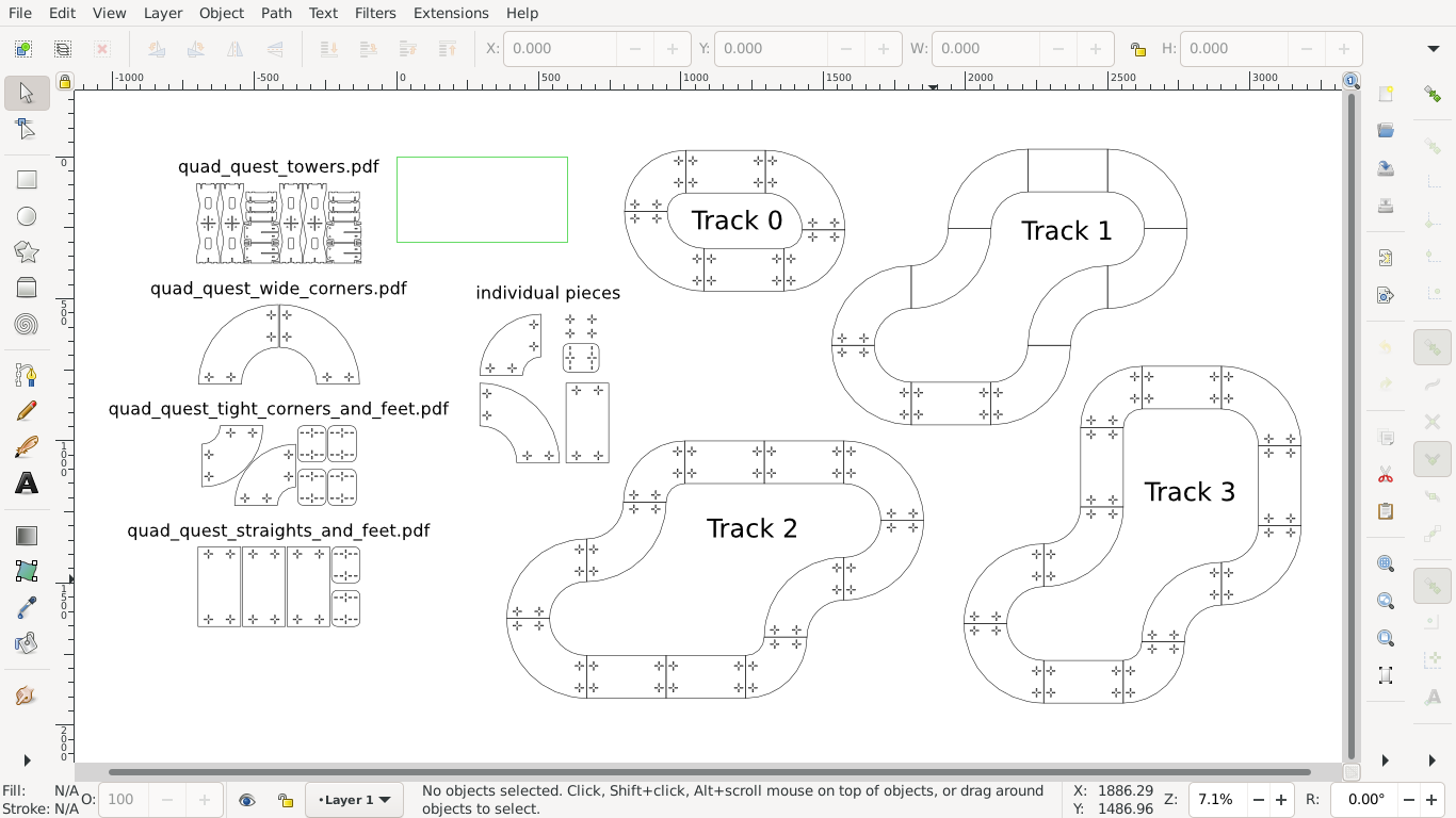 Screenshot of Quad Quest track laser cutting pattern open in Inkscape